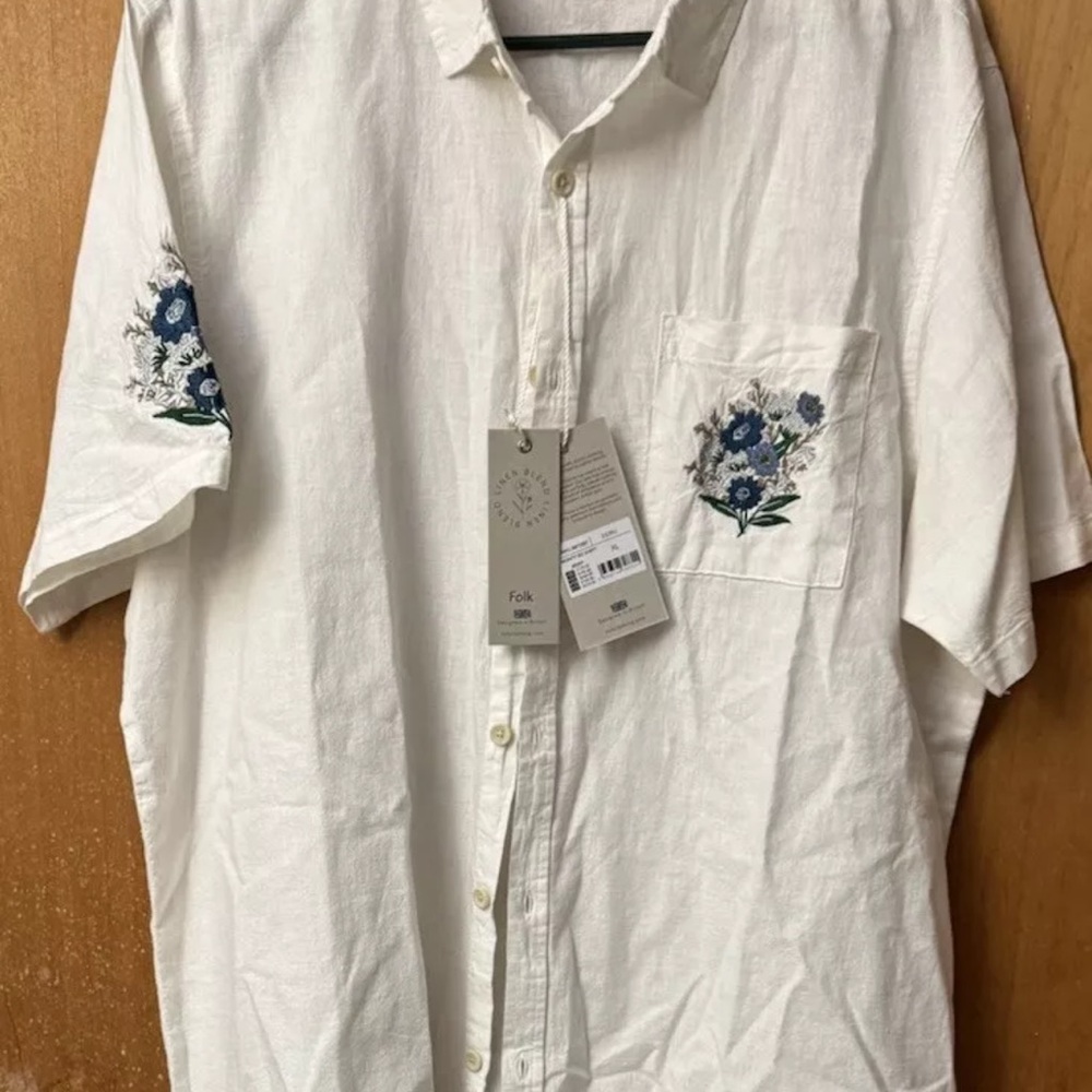 Folk White Casual Button Down Shirt with Embroidery